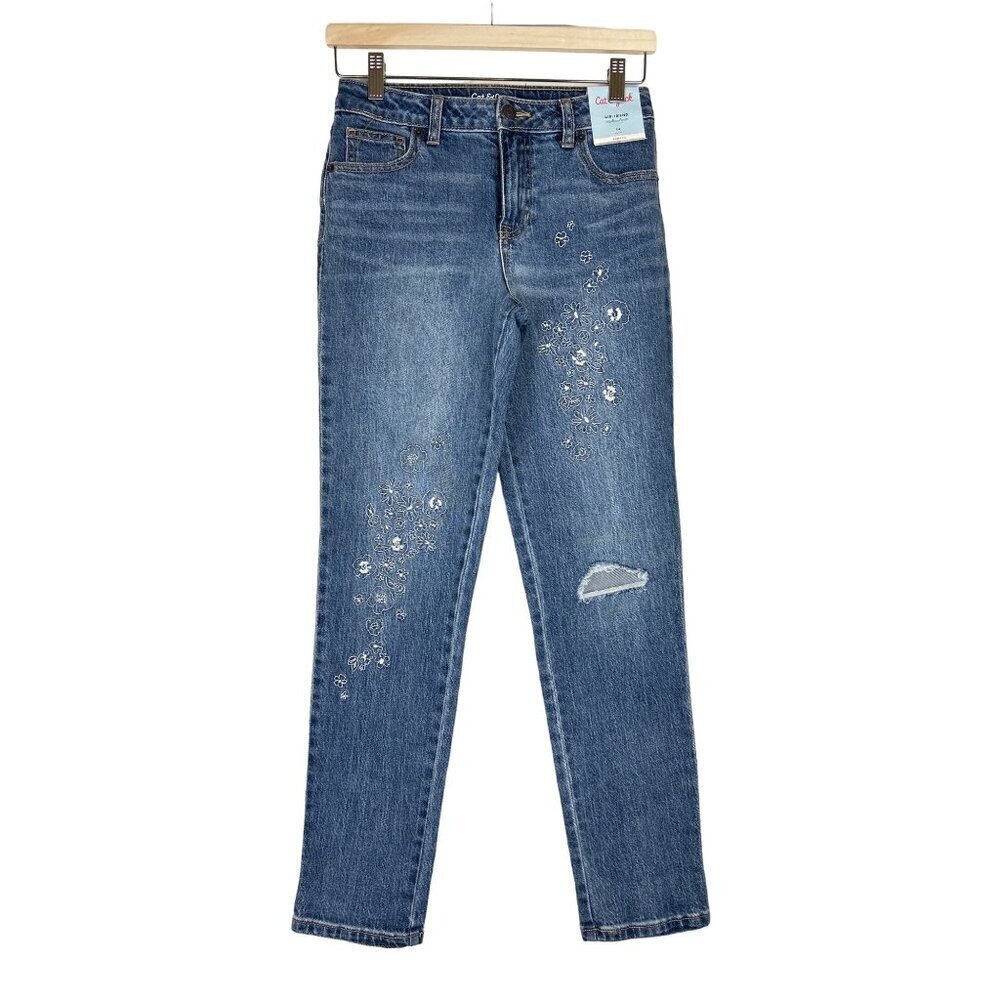 Cat & Jack Girls Floral Detail Girlfriend Jeans Size 14